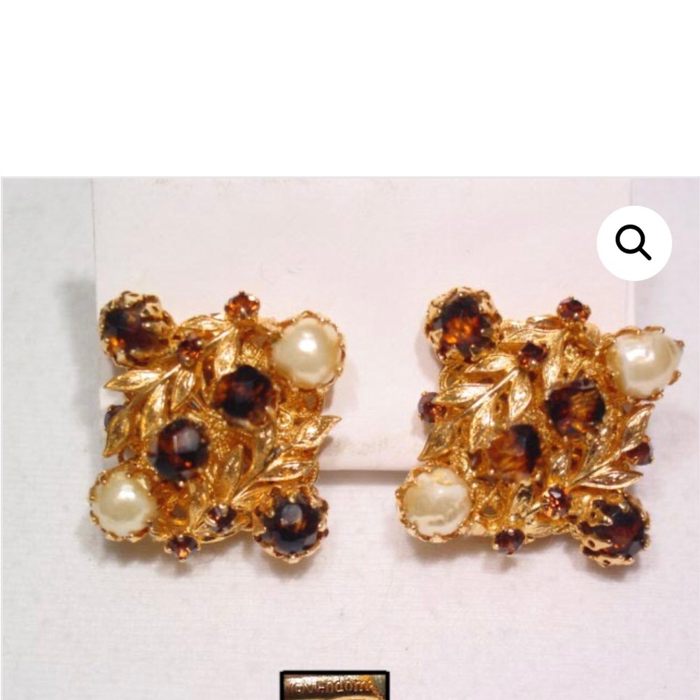 Vintage Brown and Imitation Pearl Vendome Earrings